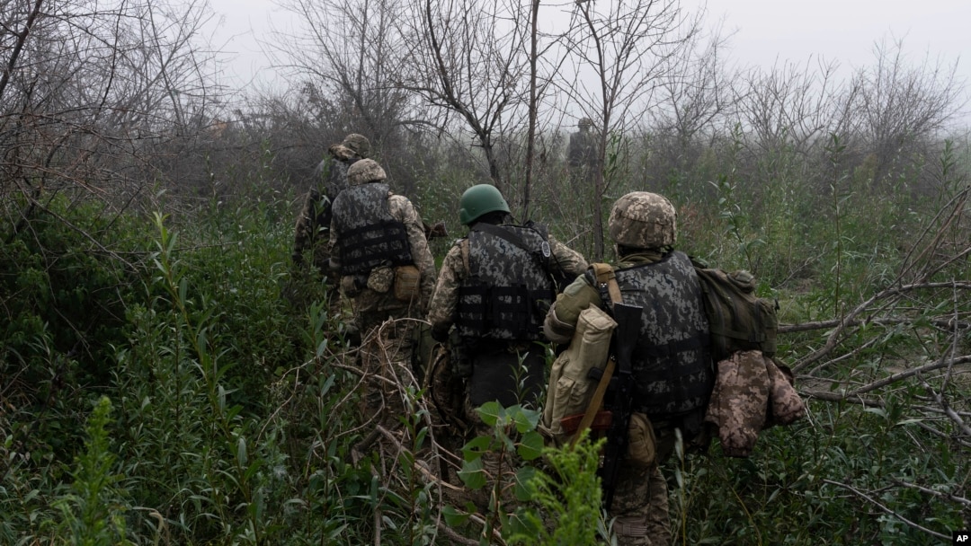 烏克蘭海軍陸戰隊隊員沿著第聶伯河附近的前線地區穿越樹林。（2023年10月14日）