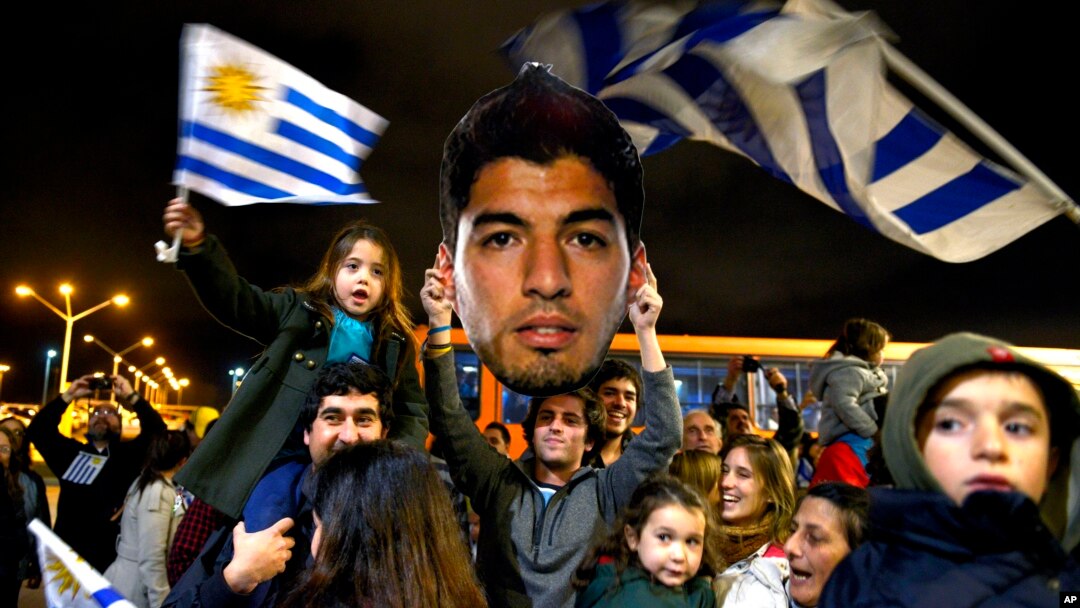 Fans of Uruguay's national soccer team await the arrival of Uruguay player Luis Suarez at Carrasco International Airport in the outskirts of Montevideo, Uruguay, June 26, 2014.