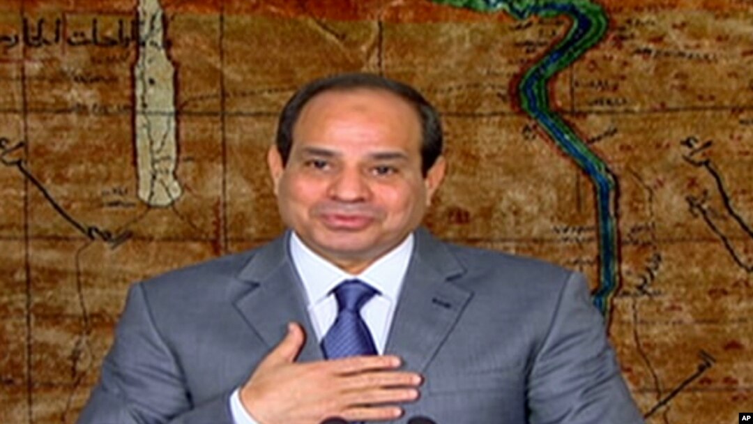 FILE - Egyptian President Abdel Fattah el-Sissi speaks in a nationally televised broadcast in Cairo, July 7, 2014. 