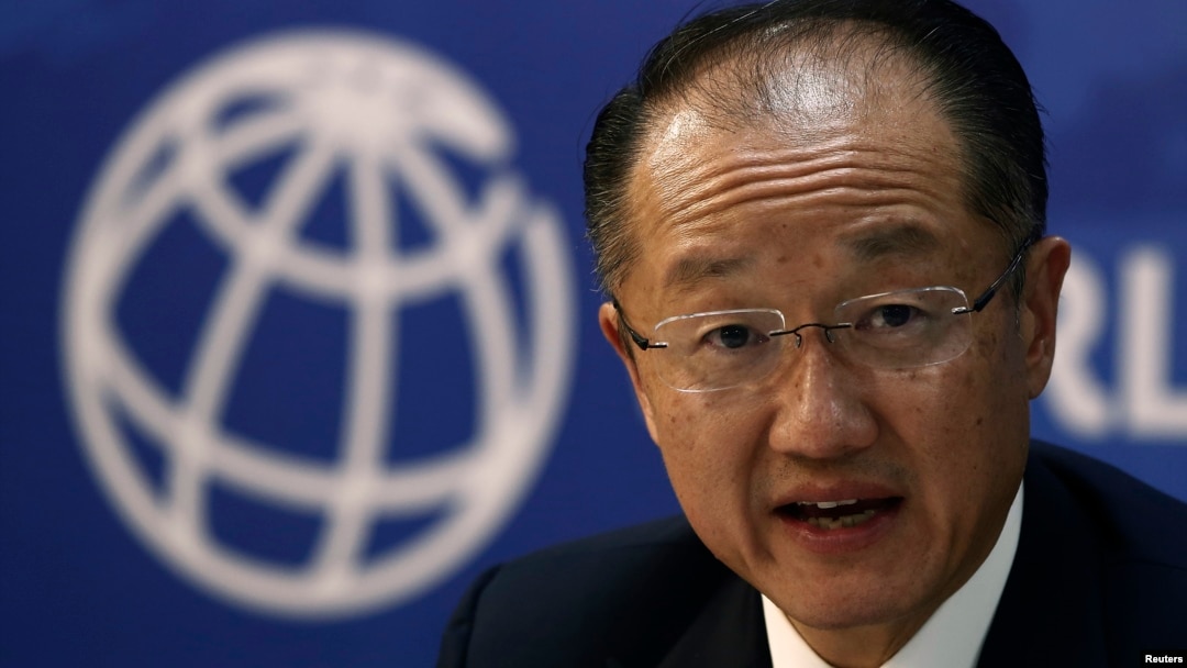 FILE - World Bank President Jim Yong Kim is seen speaking at a news conference.