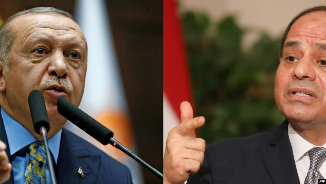 FILE - This combination of pictures shows, at left, a photo released by the Turkish President Office of President Recep Tayyip Erdogan in Ankara on Oct. 23, 2018, and, at right, Egyptian President Abdel Fattah al-Sisi in Cairo on Jan. 28, 2019.