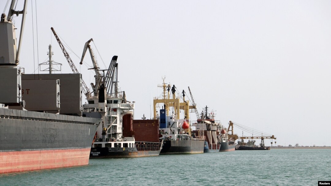 Ships are seen at Hodeida port, Yemen, May 14, 2019. 