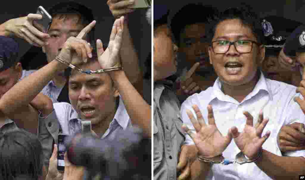 In this combination image, Reuters journalists Kyaw Soe Oo, left, and Wa Lone, are handcuffed as they are escorted by police out of the court in Yangon, Myanmar. The court sentenced the two journalists to seven years in prison for illegal possession of official documents, a ruling that comes as international criticism mounts over the military's alleged human rights abuses against Rohingya Muslims.
