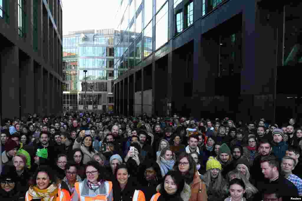 Employees walk out of the Google office as part of a global protest over workplace issues at the company, in Dublin, Ireland.