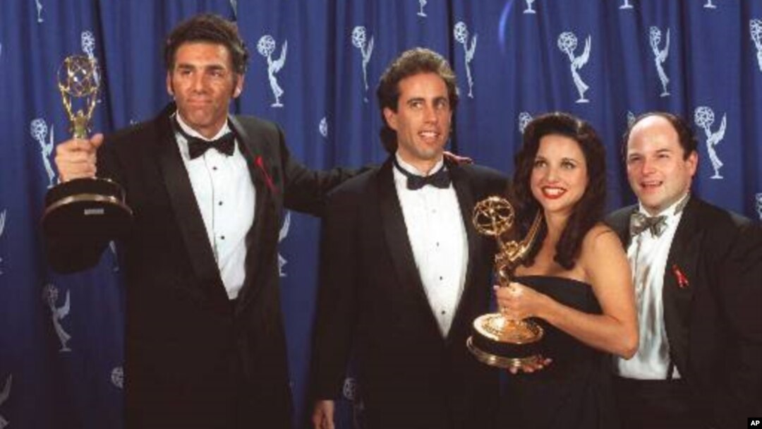 "Seinfeld' cast members, from left, Michael Richards, Jerry Seinfeld, Julia Louise-Dreyfus and Jason Alexander backstage at the Emmy Awards in Pasadena, California, in 1993