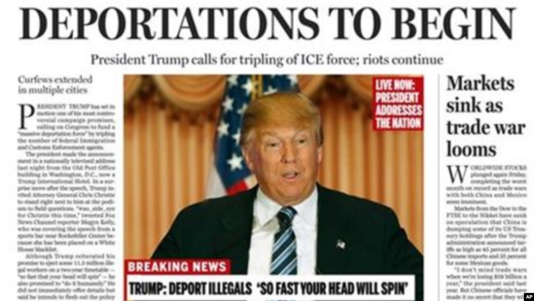 A portion of a satirical front page of The Boston Globe published on the newspaper's website, April 9, 2016. The paper's editorial board used the parody to express its uneasiness with a potential Donald Trump presidency. 