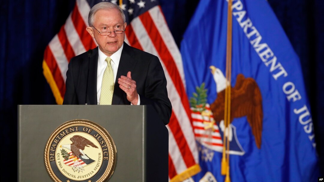 FILE - Attorney General Jeff Sessions speaks during the Justice Department's National Summit on Crime Reduction and Public Safety.
