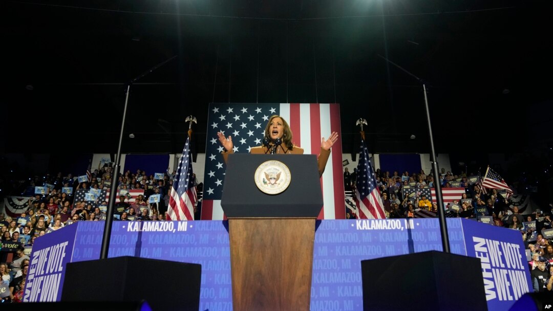Democratic presidential nominee Vice President Kamala Harris speaks during a campaign rally at the Wings Event Center in Kalamazoo, Michigan, Oct. 26, 2024.
